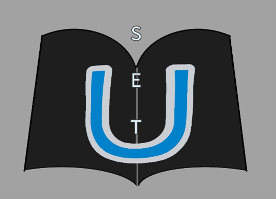 SETU Logo- A black book with white and blue writing on top spelling SETU