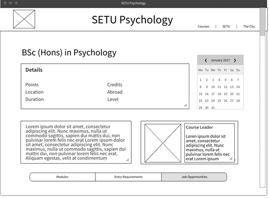 A wireframe of a content page