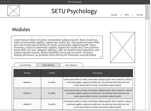 A wireframe of a content page