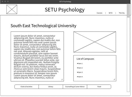 A wireframe of a content page